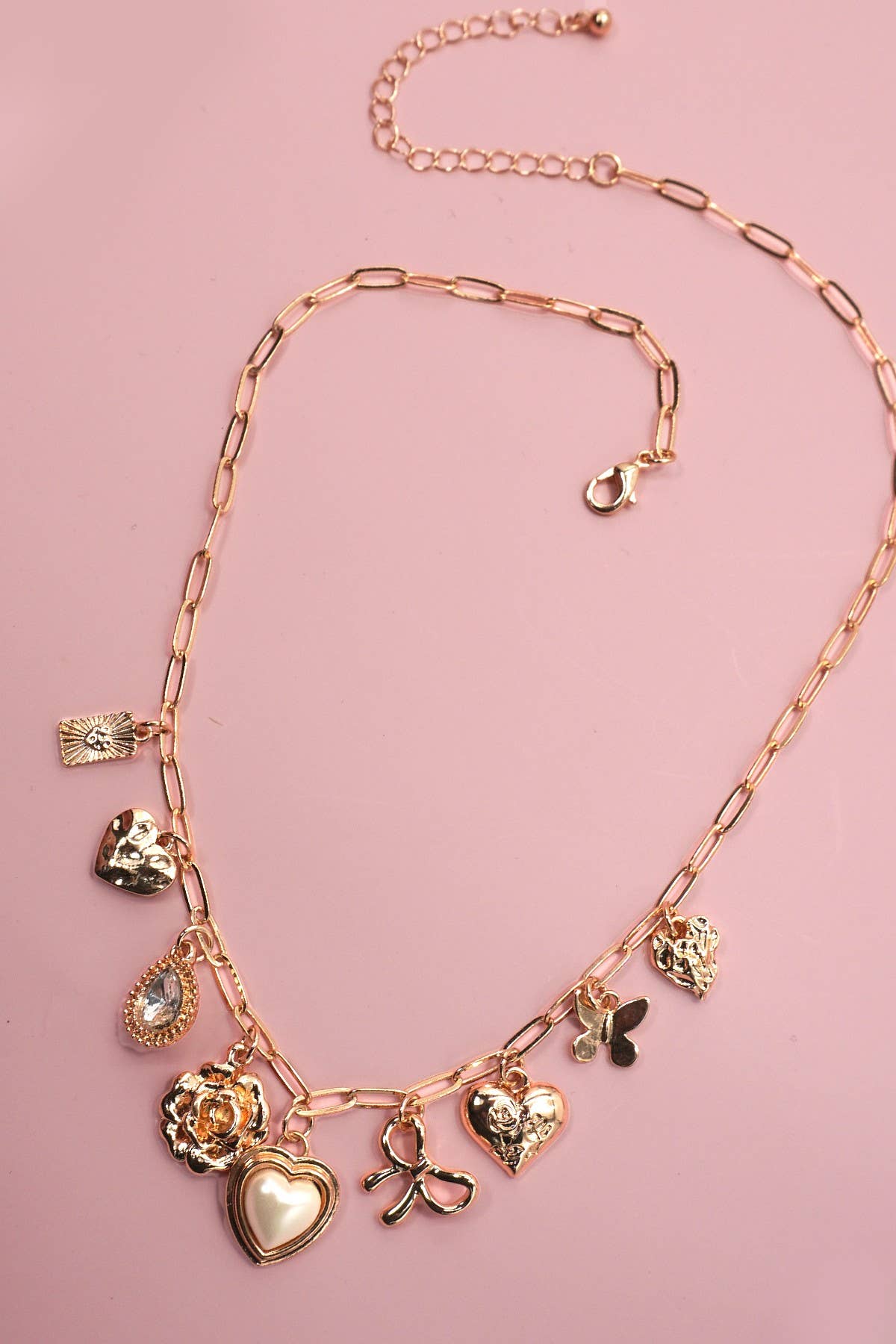 Bow + Flower + Heart Gold Charm Necklace
