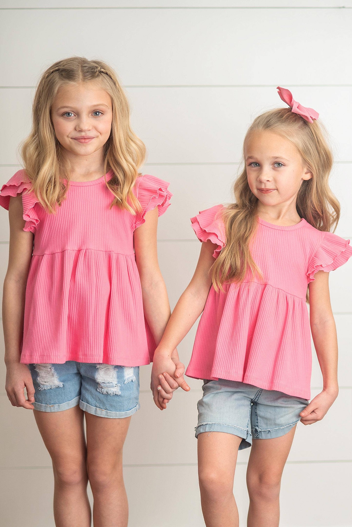 Bright Pink Double Ruffle Flutter Sleeve Top
