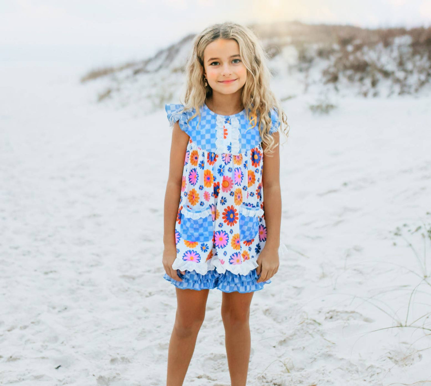 Blue Checkered Flower Power Shorts Set