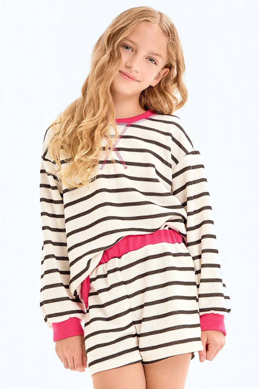 French Terry Stripe Sweatshirt & Shorts Lounge Set | Black & Cream