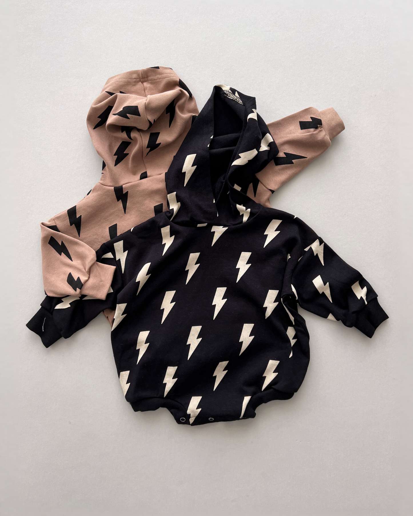 Hooded Bubble Romper | Mocha Bolts: 12-18M