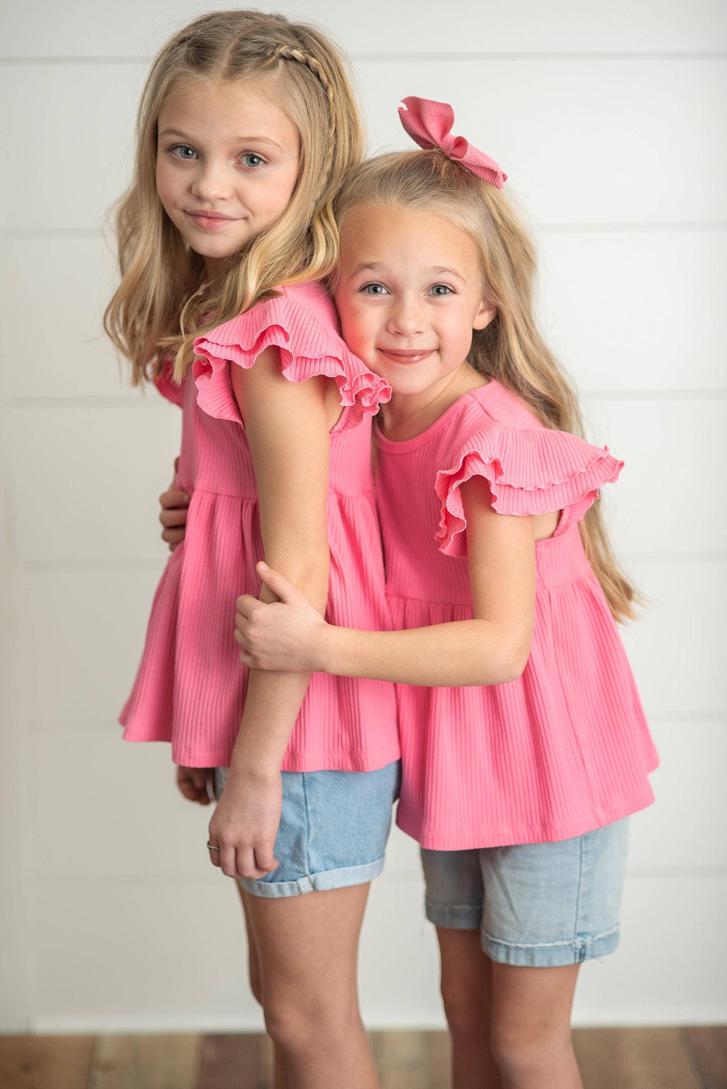 Bright Pink Double Ruffle Flutter Sleeve Top