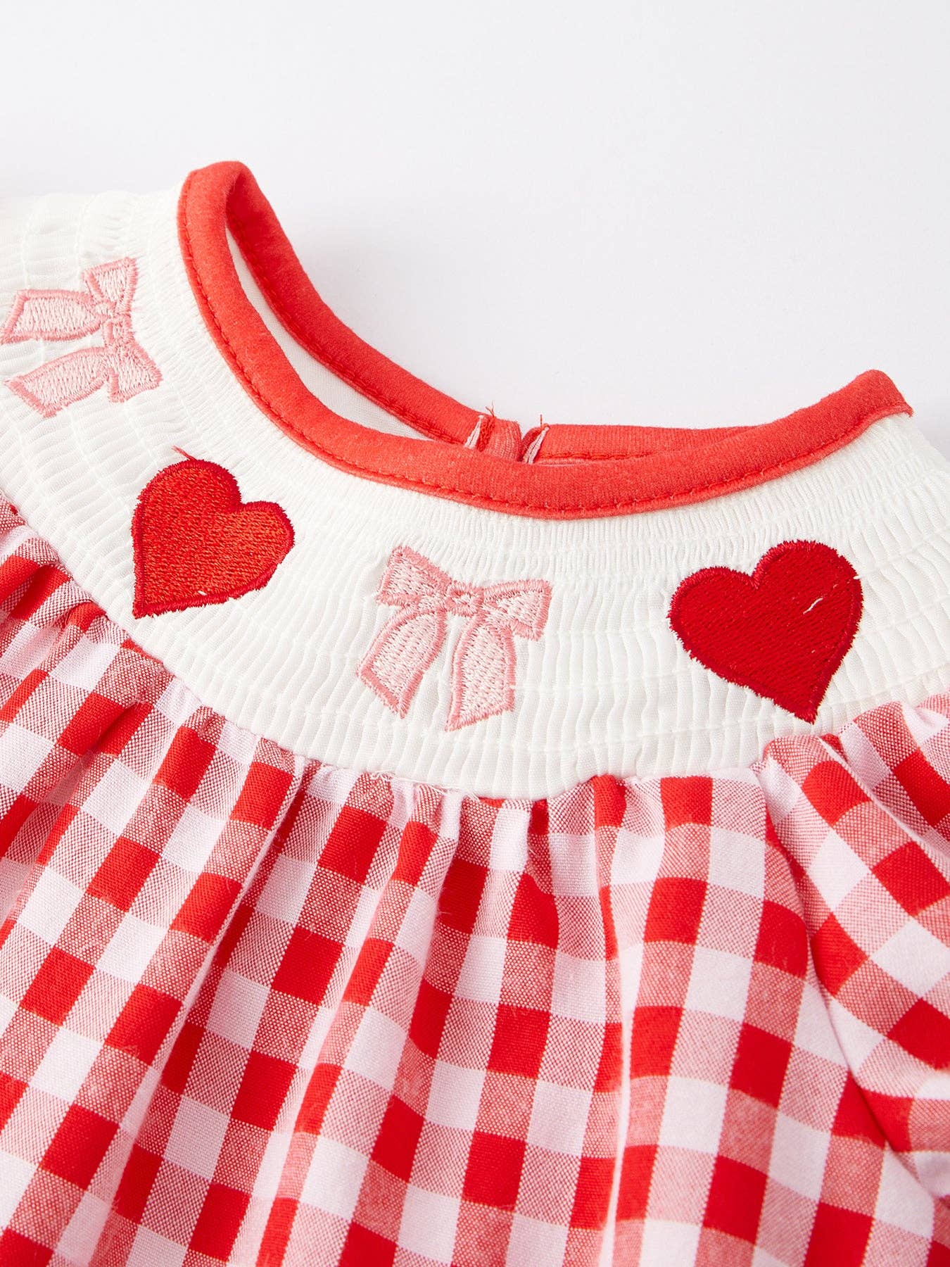 Heart & Bow Smocking Embroidered Plaid Romper