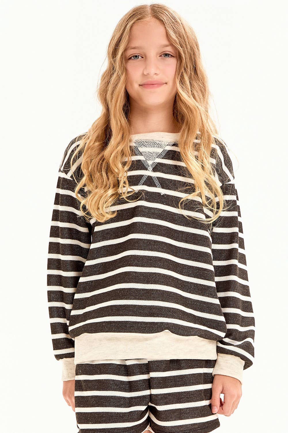 French Terry Stripe Sweatshirt & Shorts Lounge Set | Black & Cream