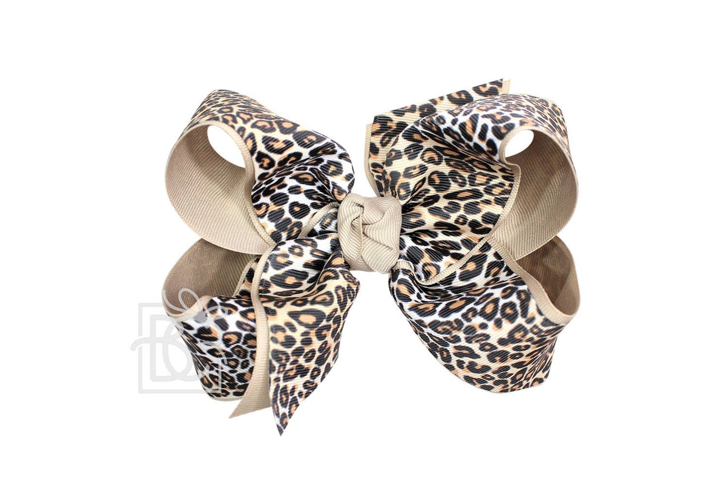 LAYERED LEOPARD BOW ON CLIP: 6.5" Jumbo - 2.25" & 2" Ribbons on Lg. Alligator Clip / OATMEAL/MULTI LEOPARD
