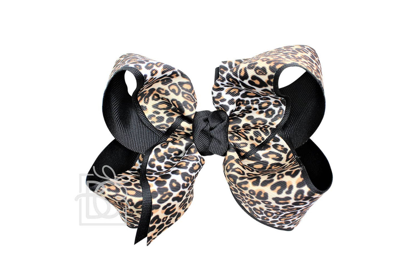 LAYERED LEOPARD BOW ON CLIP: 6.5" Jumbo - 2.25" & 2" Ribbons on Lg. Alligator Clip / OATMEAL/MULTI LEOPARD