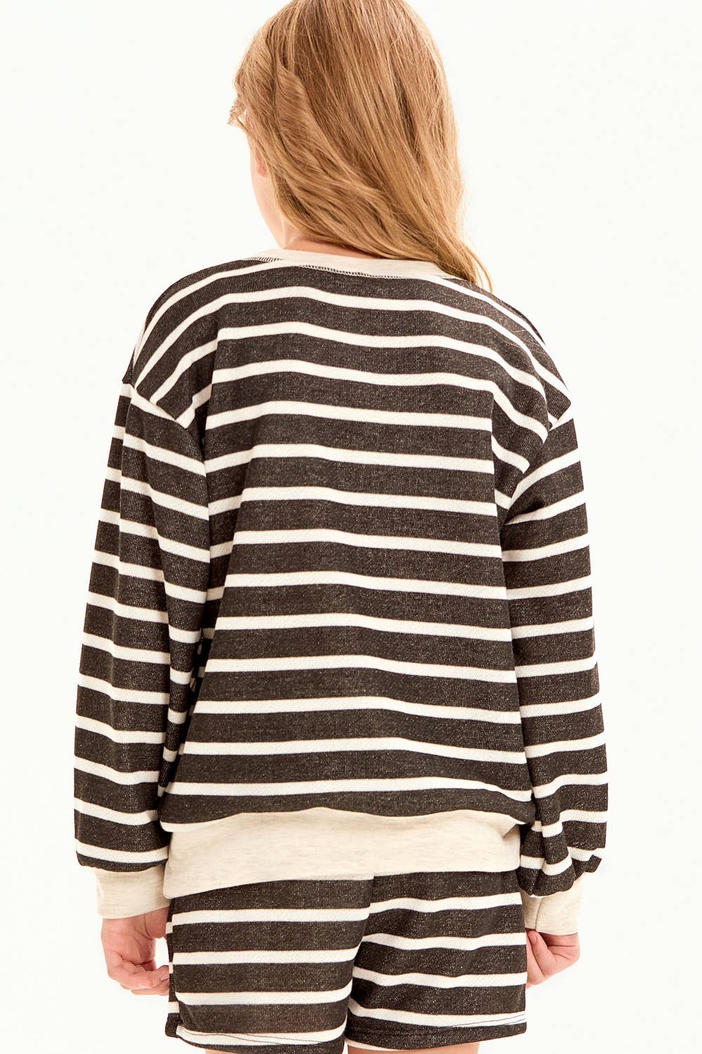French Terry Stripe Sweatshirt & Shorts Lounge Set | Black & Cream