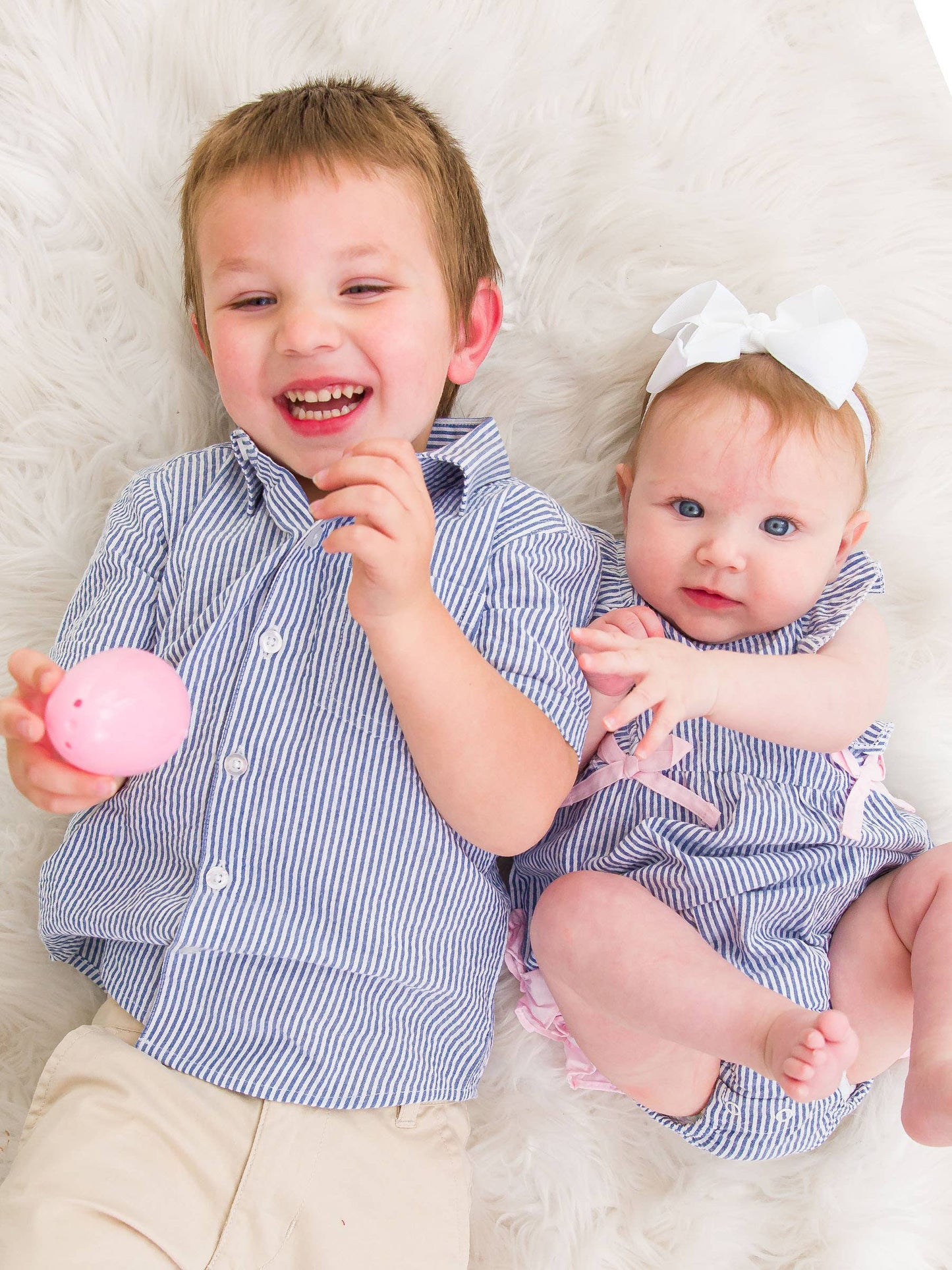 Classic Blue Seersucker Ruffle Bubble Romper