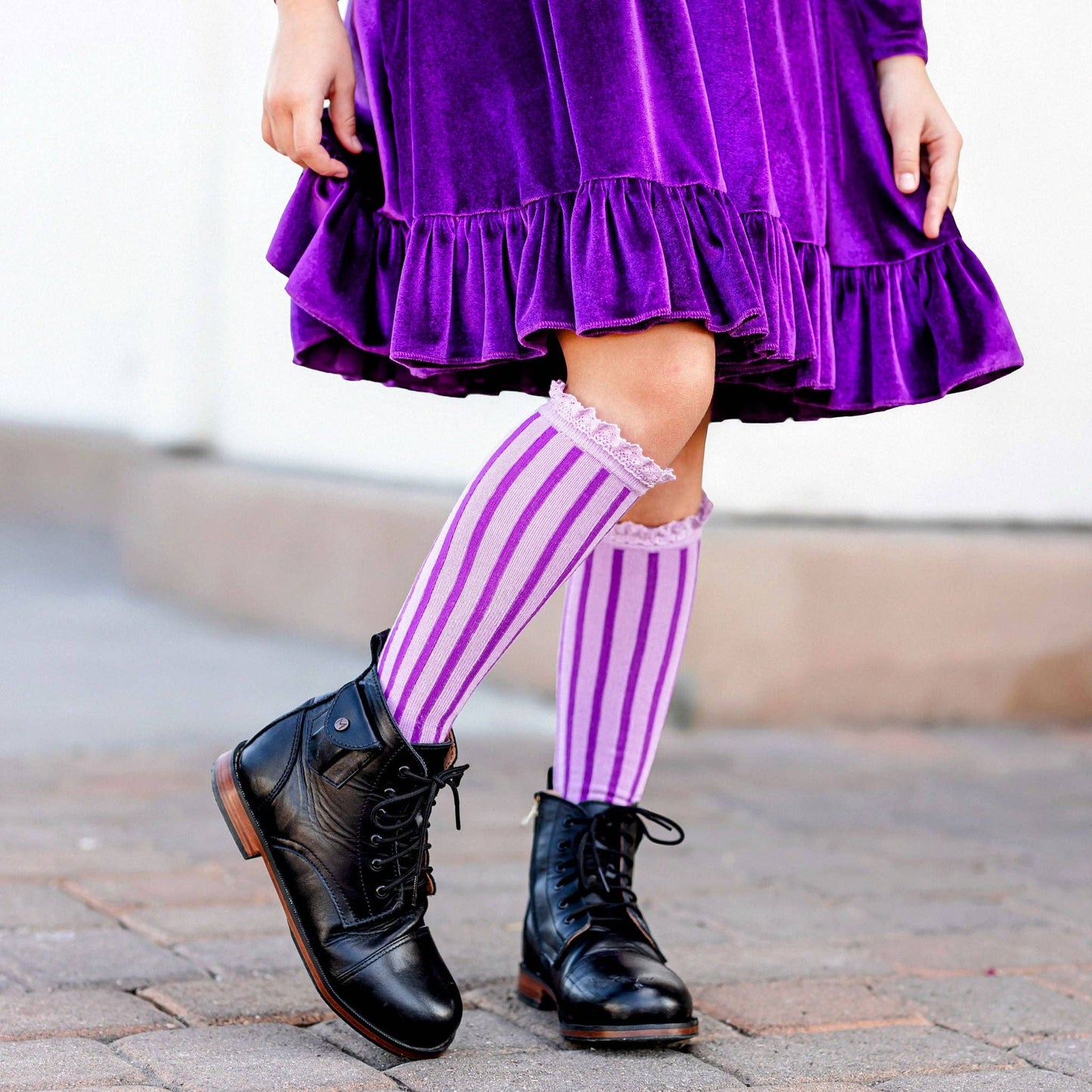 Wisteria Purple Vertical Striped Lace Top Knee High Socks