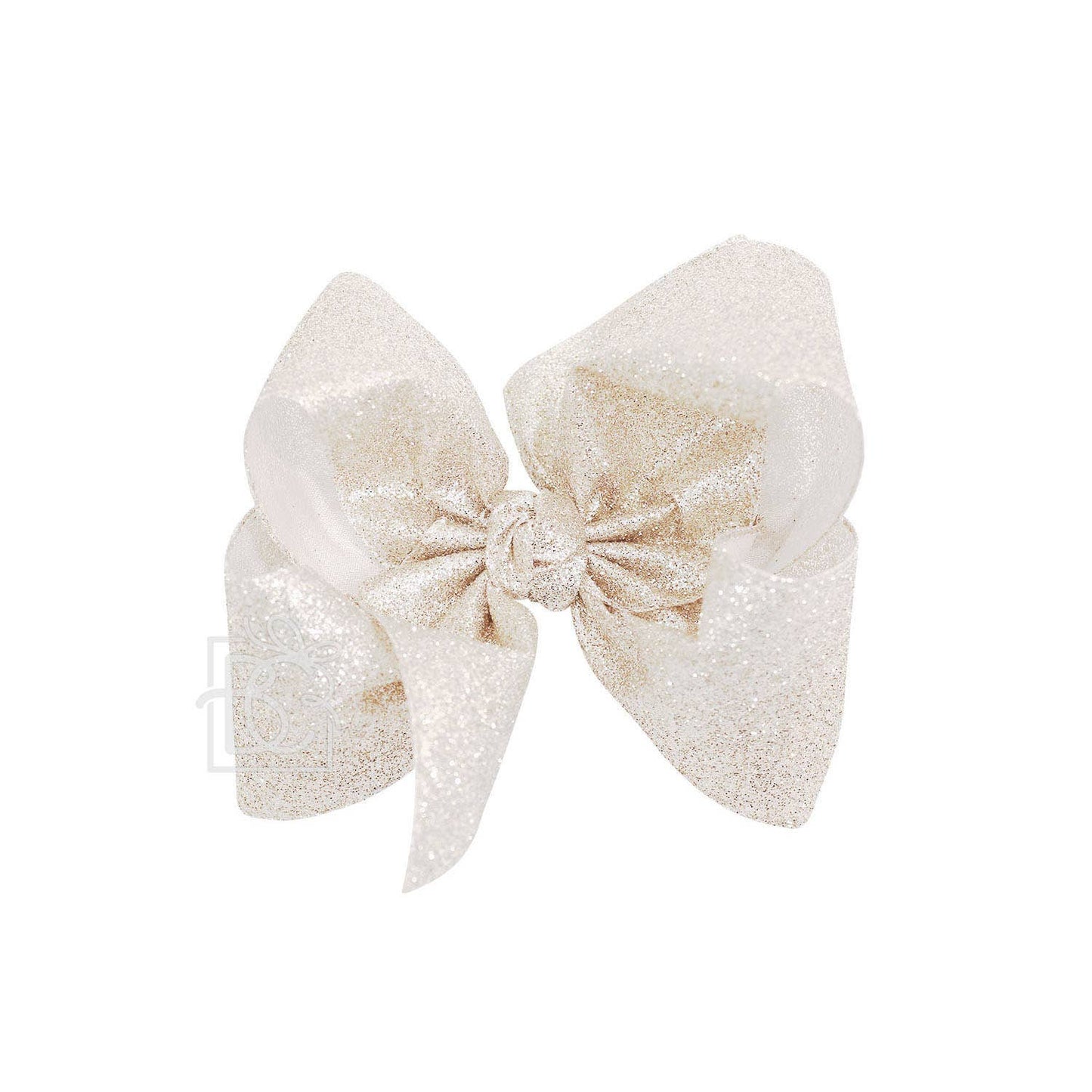 GLITTER METALLIC BOW ON CLIP: 6.5" Jumbo - 2.5" Ribbon on Lg. Alligator Clip / WHITE