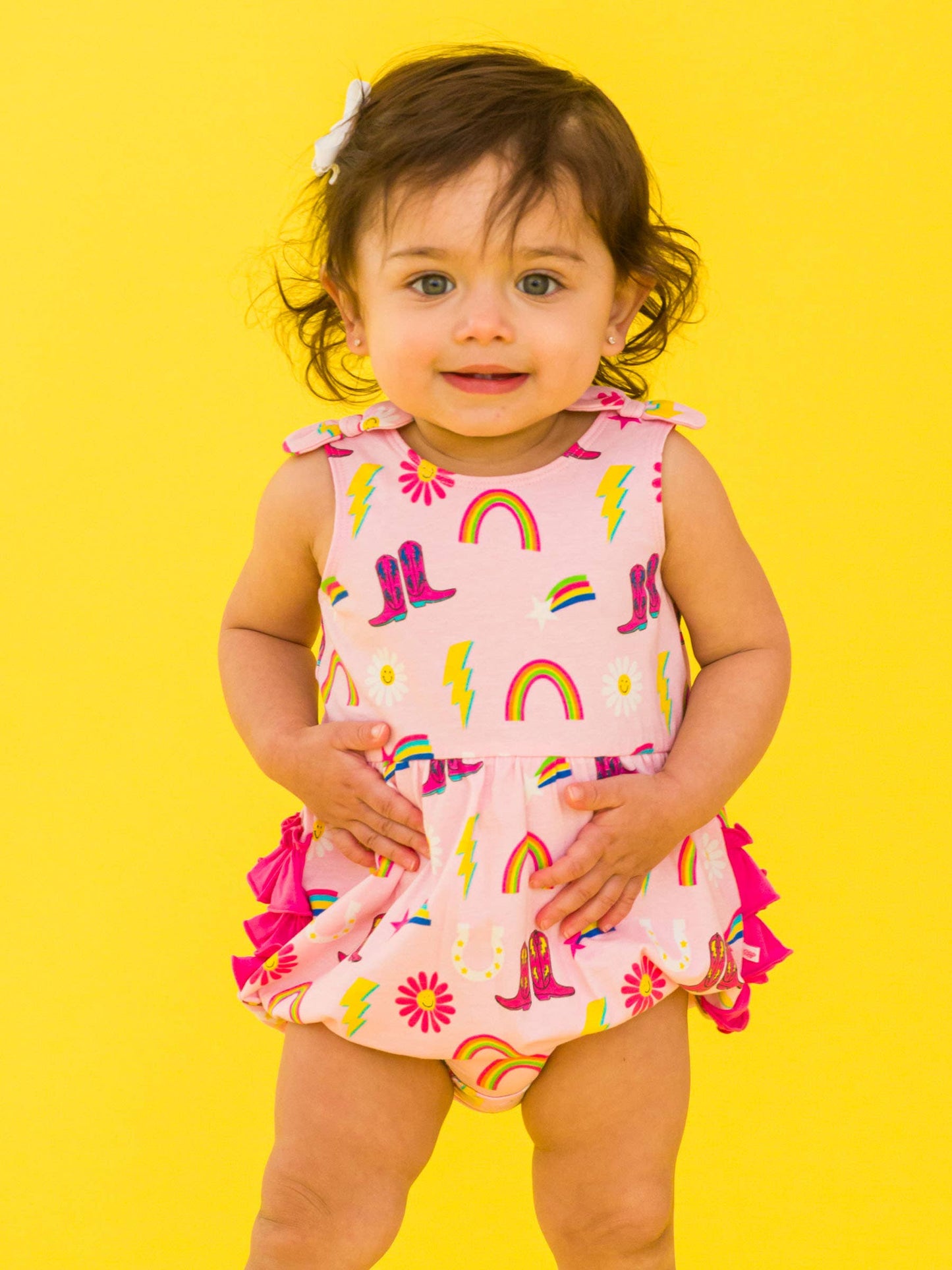 Baby Girls Cowgirl Cutie Knit Tie Shoulder Bubble Romper: Pink / 0-3m