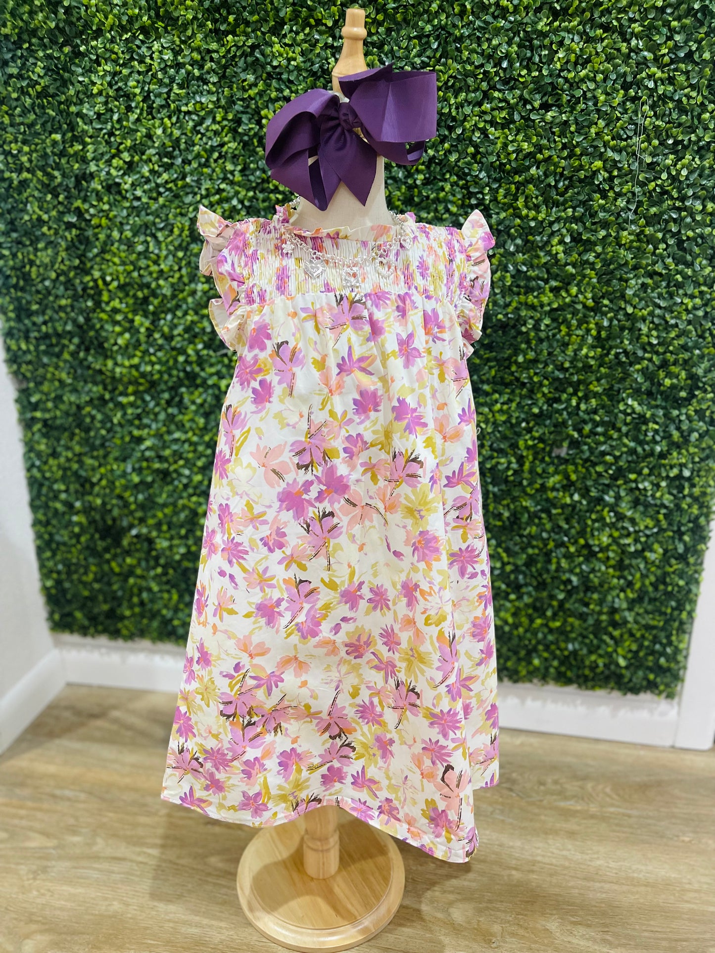 Vivid Watercolor Smocked Ruffle Sleeve Dress