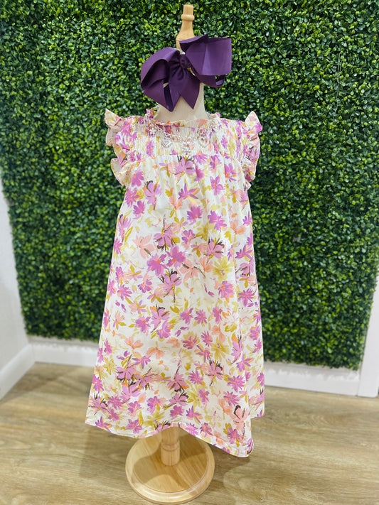 Vivid Watercolor Smocked Ruffle Sleeve Dress