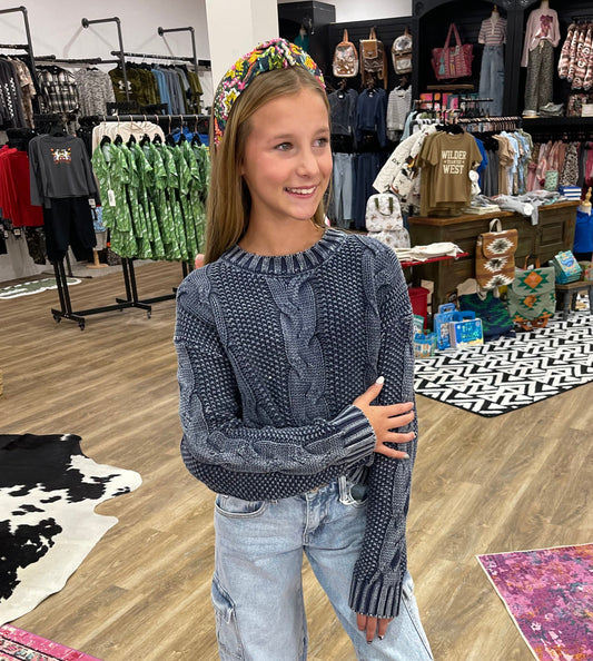 Cable Knit Crop Sweater | Navy