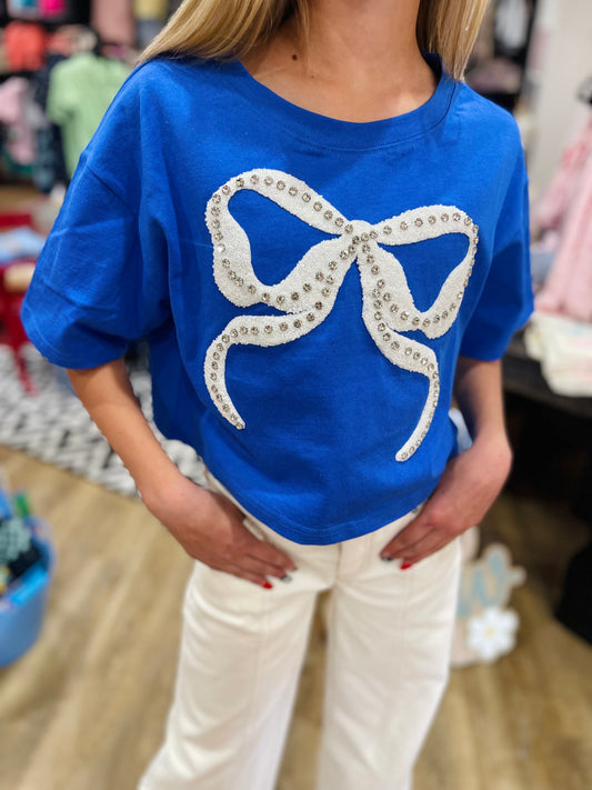 Rhinestone Studded Bow Cotton Tee | Blue