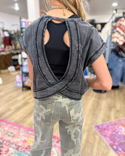 Open Tulip Back Washed Knit Tee | Black