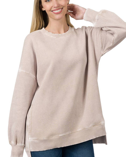 Acid Wash Fleece Hi-low Hem Pullover: ASH MOCHA
