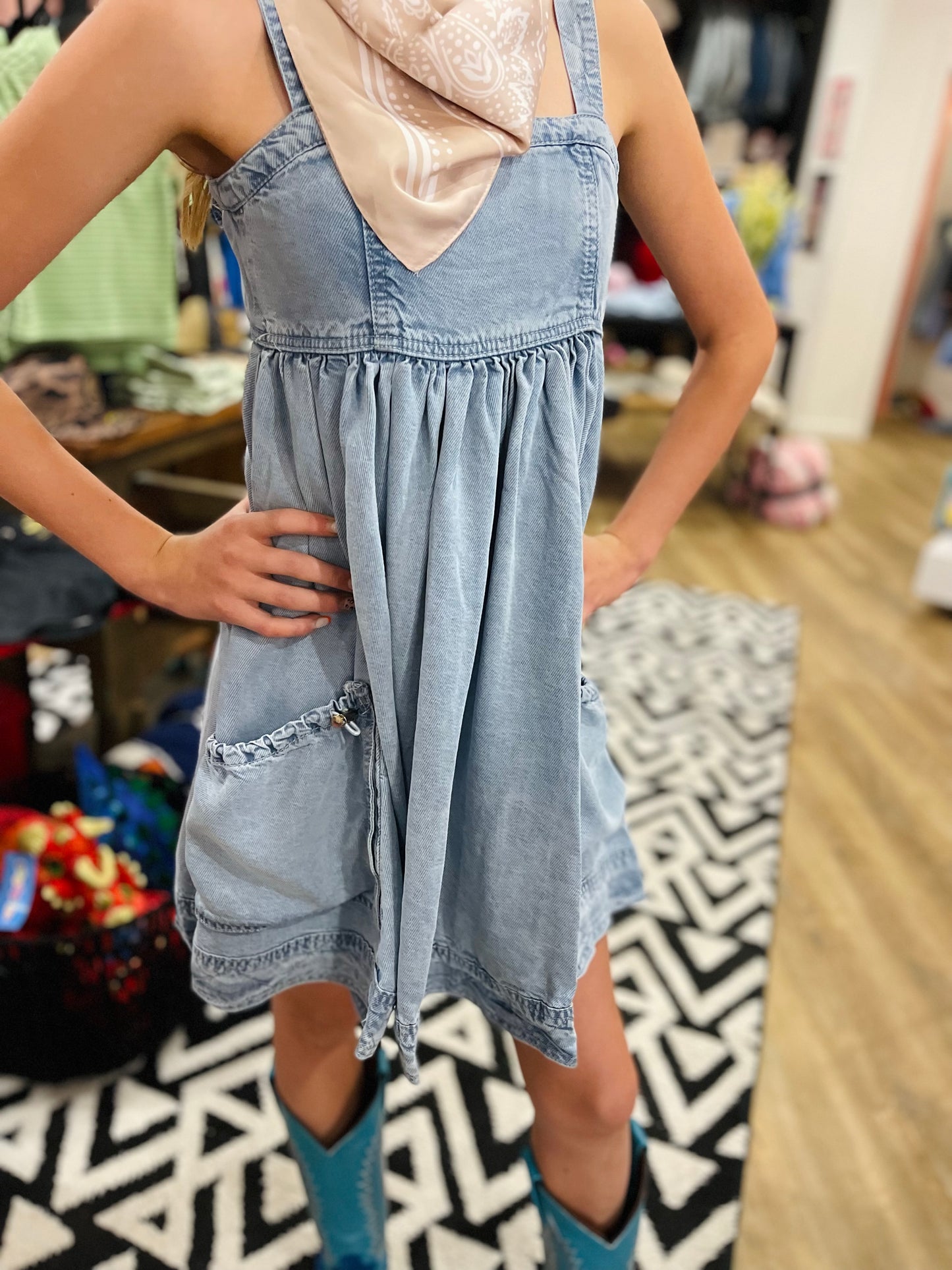 Cargo Denim Strap Dress | Blue