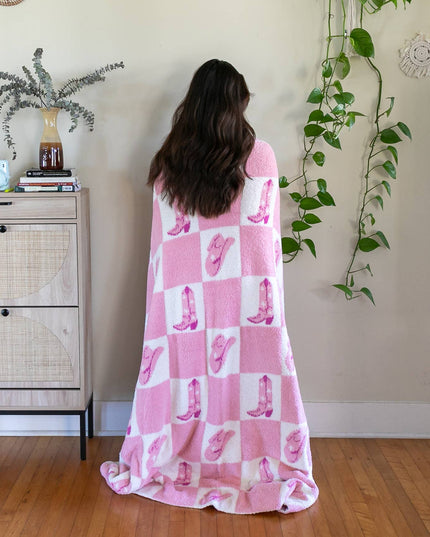 Throw Blanket - Checkered w/ Western Cowgirl - Pink & White