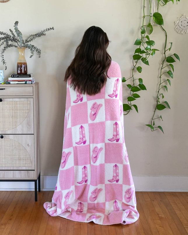 Throw Blanket - Checkered w/ Western Cowgirl - Pink & White