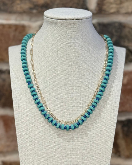 Blue & Turquoise Bead Necklace with Gold Chain + Studs