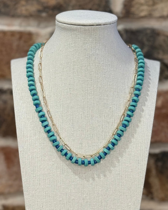 Blue & Turquoise Bead Necklace with Gold Chain + Studs