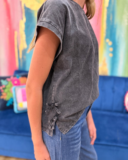 Mineral Washed Side Bow Knit Tee | Black