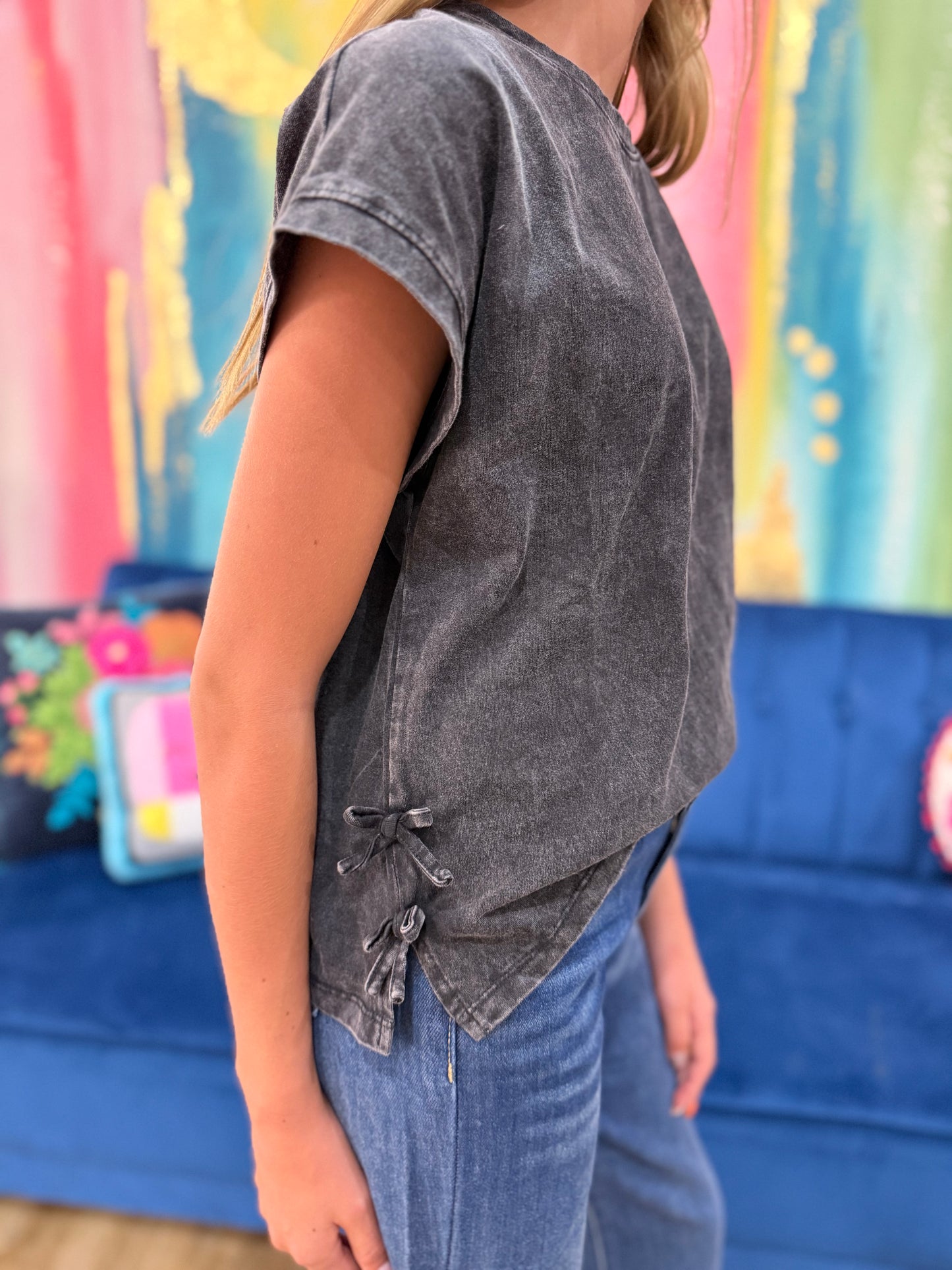 Mineral Washed Side Bow Knit Tee | Black