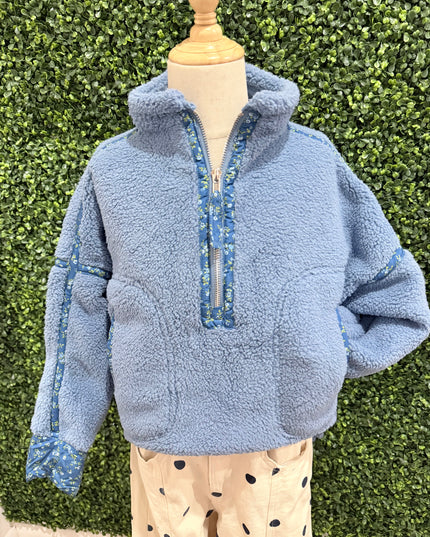 Floral Print Piped Sherpa Pullover