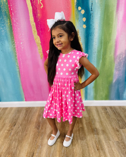 Polka Dots Flutter Sleeve Twirl Dress | Pink