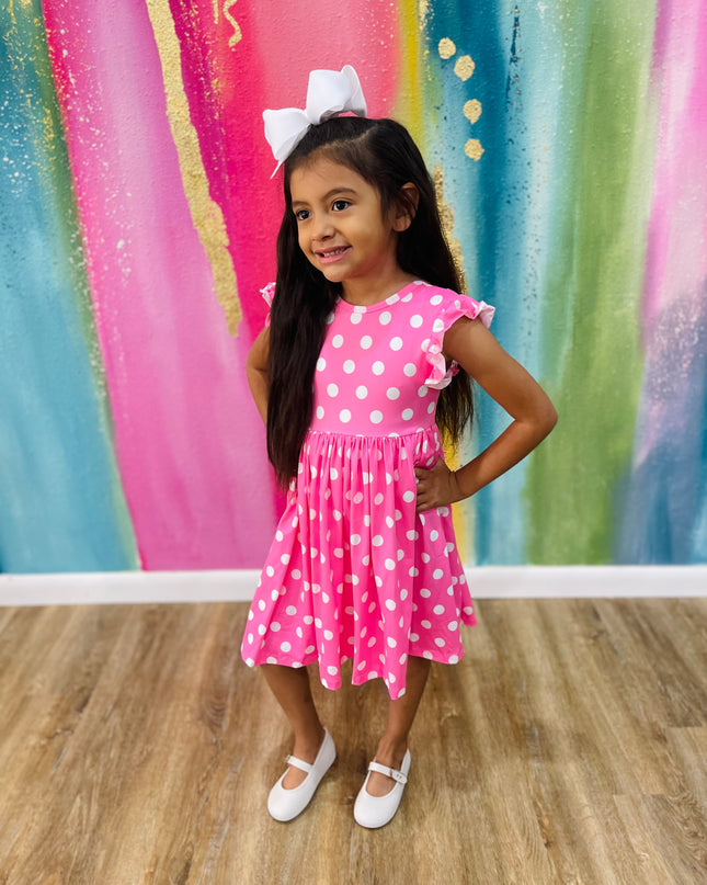 Polka Dots Flutter Sleeve Twirl Dress | Pink