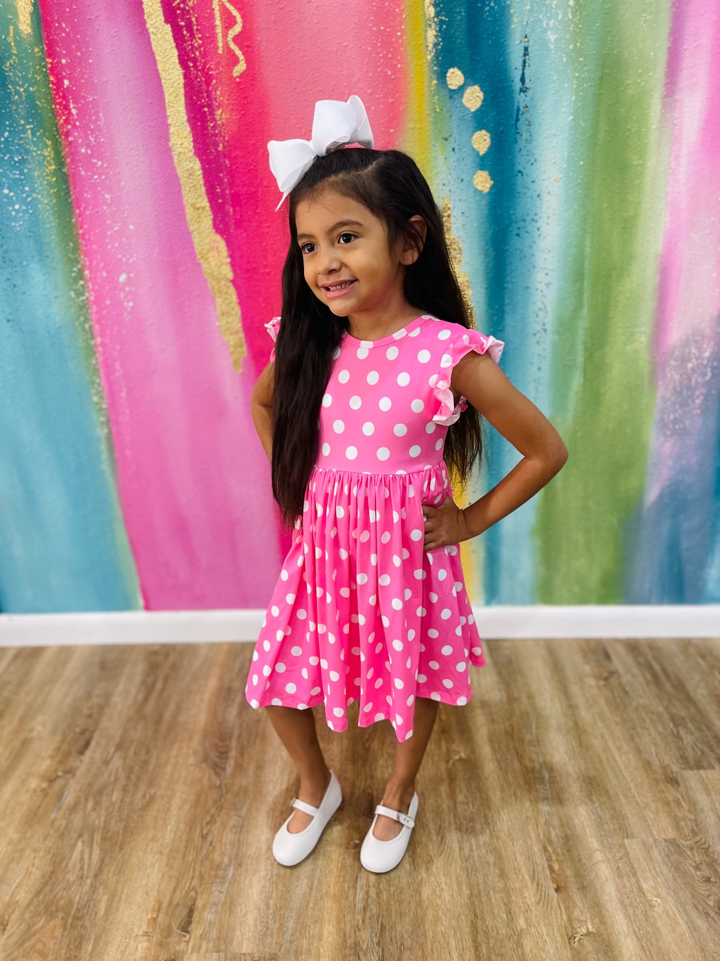 Polka Dots Flutter Sleeve Twirl Dress | Pink