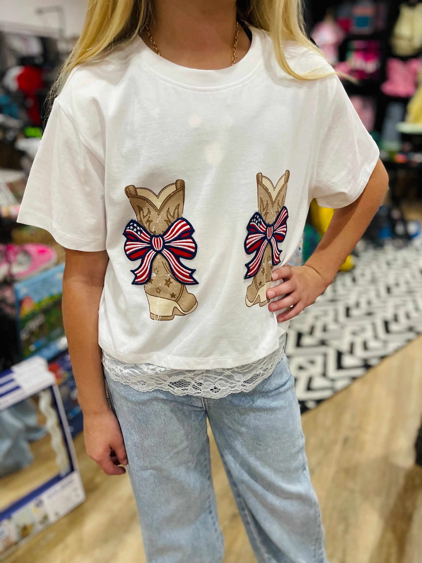 Americana Boot Bow Patch Lace Hem Graphic Tee