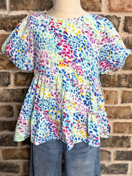 Abstract Multi Color Dot Peplum Top