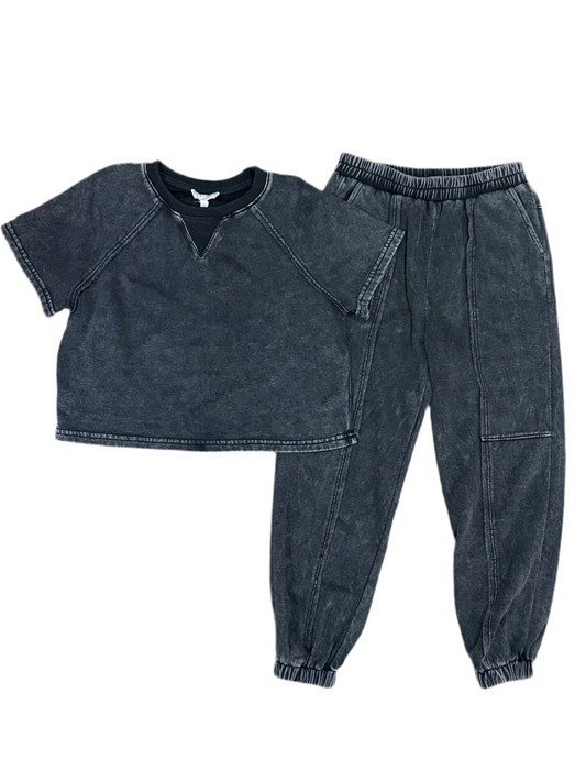Washed Knit Sweatshirt + Paneled Joggers Set | Black