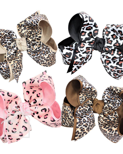 LAYERED LEOPARD BOW ON CLIP: 6.5" Jumbo - 2.25" & 2" Ribbons on Lg. Alligator Clip / BLACK/MULTI LEOPARD
