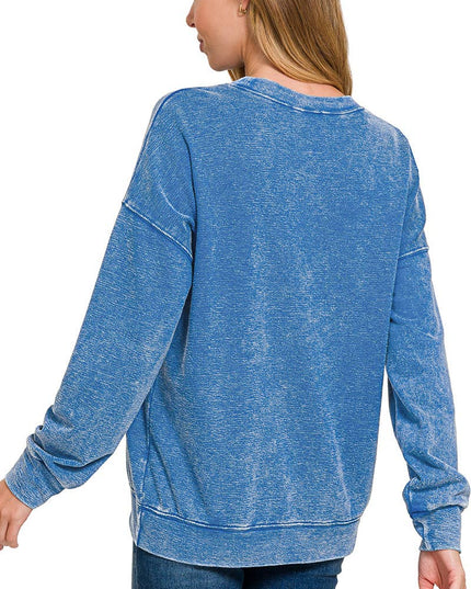 Washed Round-neck Pullover Sweatshirts: CLASSIC BLUE