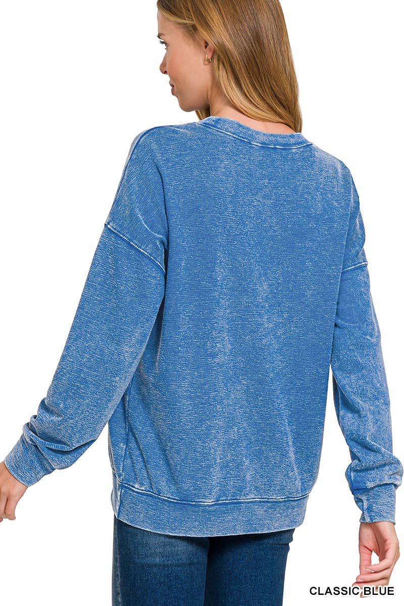 Washed Round-neck Pullover Sweatshirts: CLASSIC BLUE