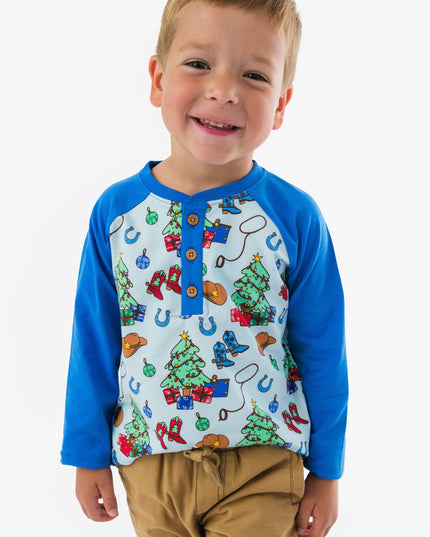 Blue Yuletide Yeehaw Long Sleeve Raglan Henley Tee