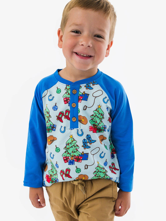 Blue Yuletide Yeehaw Long Sleeve Raglan Henley Tee