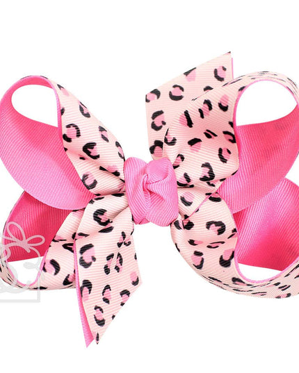 LAYERED LEOPARD BOW ON CLIP: 6.5" Jumbo - 2.25" & 2" Ribbons on Lg. Alligator Clip / OATMEAL/MULTI LEOPARD