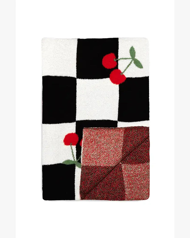 Checkered w/ Red Cherries Throw - Black & White