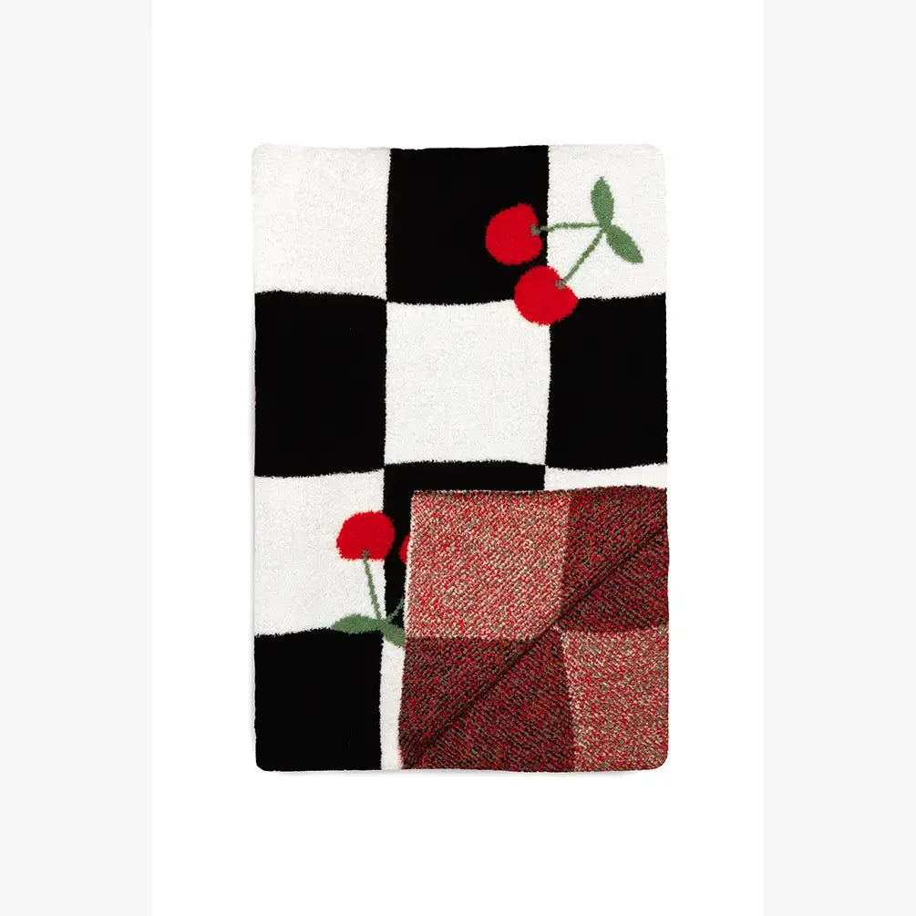 Checkered w/ Red Cherries Throw - Black & White