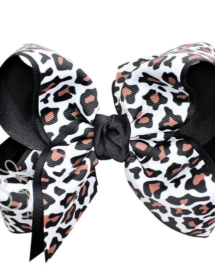 LAYERED LEOPARD BOW ON CLIP: 6.5" Jumbo - 2.25" & 2" Ribbons on Lg. Alligator Clip / OATMEAL/MULTI LEOPARD