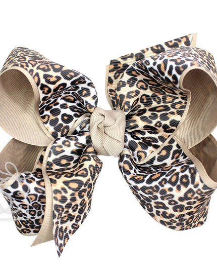 LAYERED LEOPARD BOW ON CLIP: 6.5" Jumbo - 2.25" & 2" Ribbons on Lg. Alligator Clip / OATMEAL/MULTI LEOPARD