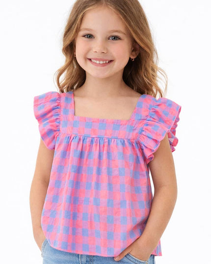 Square Neckline: Pink Blue Checkered Top
