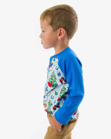 Blue Yuletide Yeehaw Long Sleeve Raglan Henley Tee