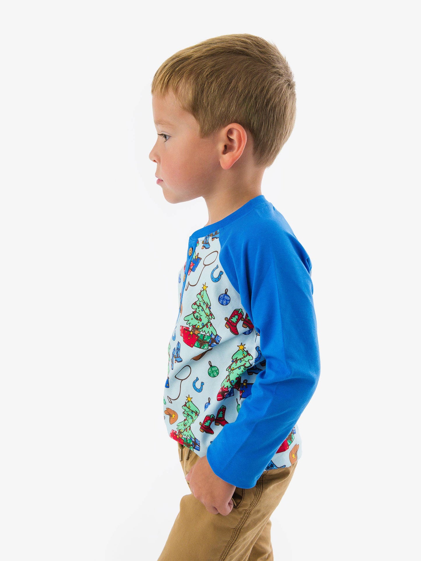 Blue Yuletide Yeehaw Long Sleeve Raglan Henley Tee