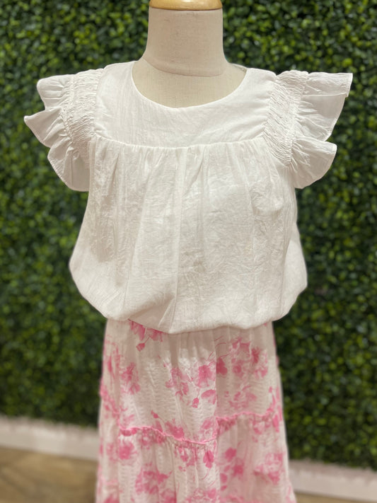 Smocked Detail Ruffle Shoulder Top | White