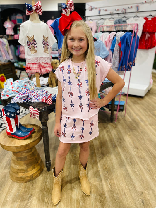 Sequin Stars & Bows Americana Skort Set| Pink
